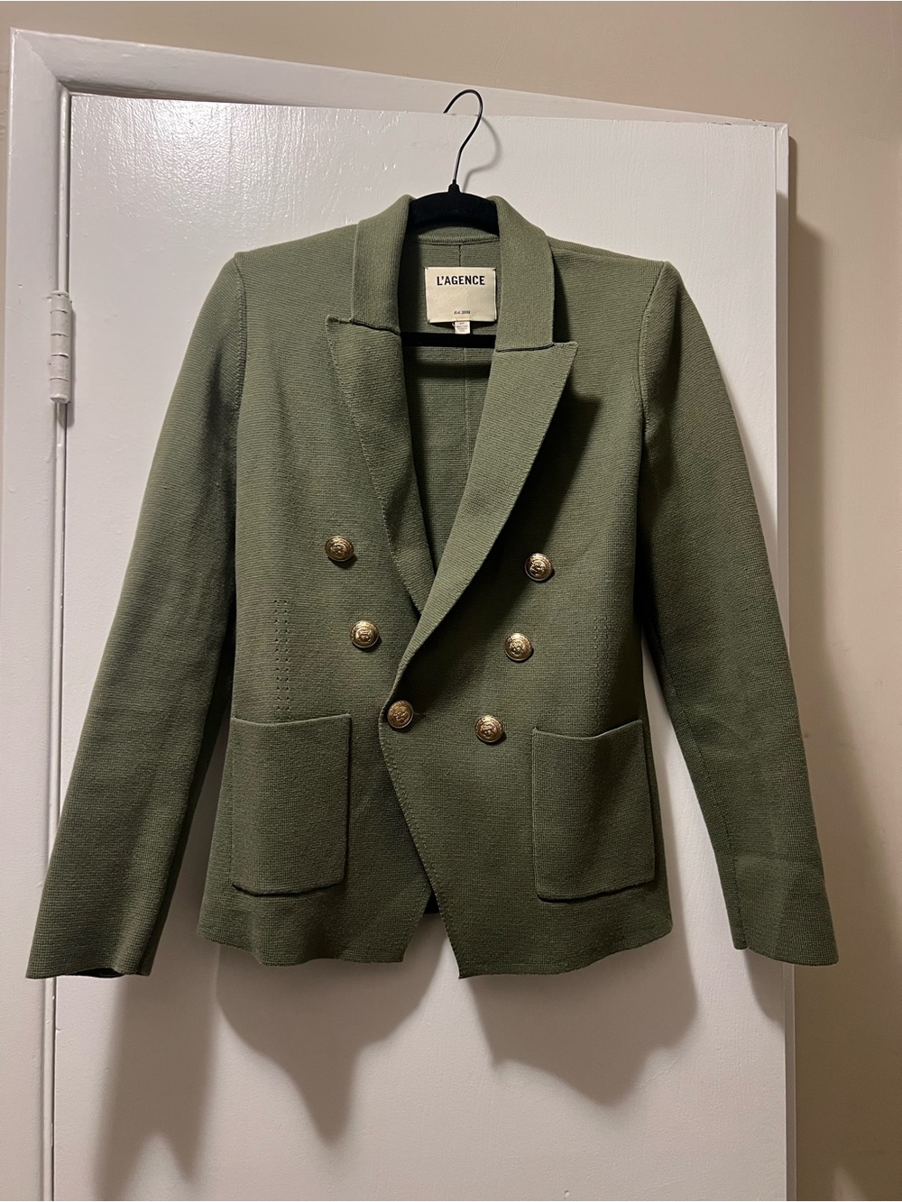 L'AGENCE Kenzie Knit Double-Breasted Blazer, Olive Color, Size Small - Picture 6 of 10